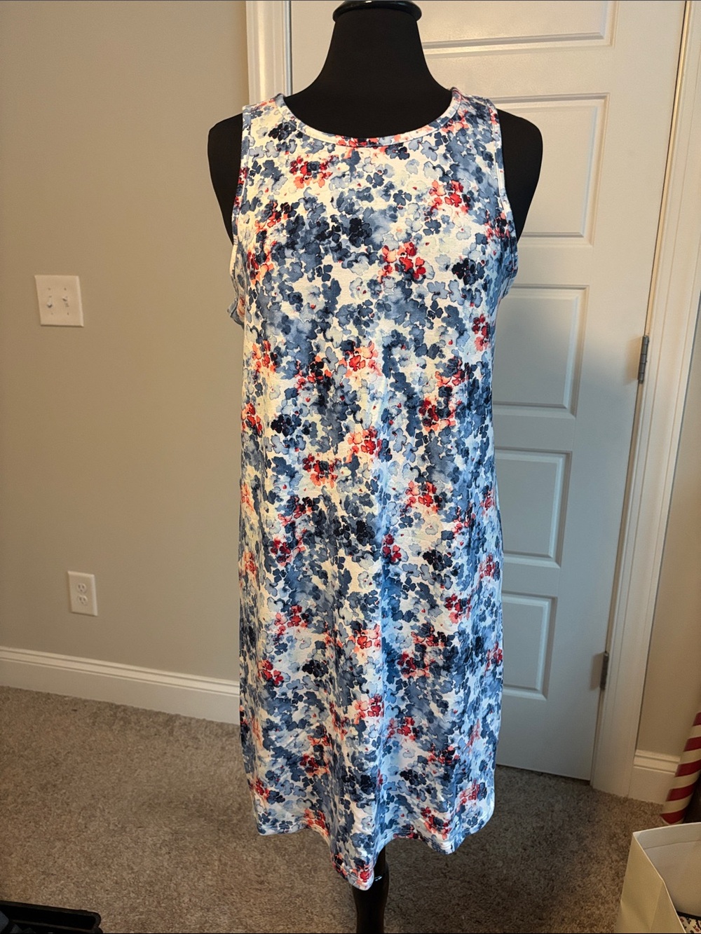 crown & ivy Sleeveless Dress in Blue, White & Red Floral
